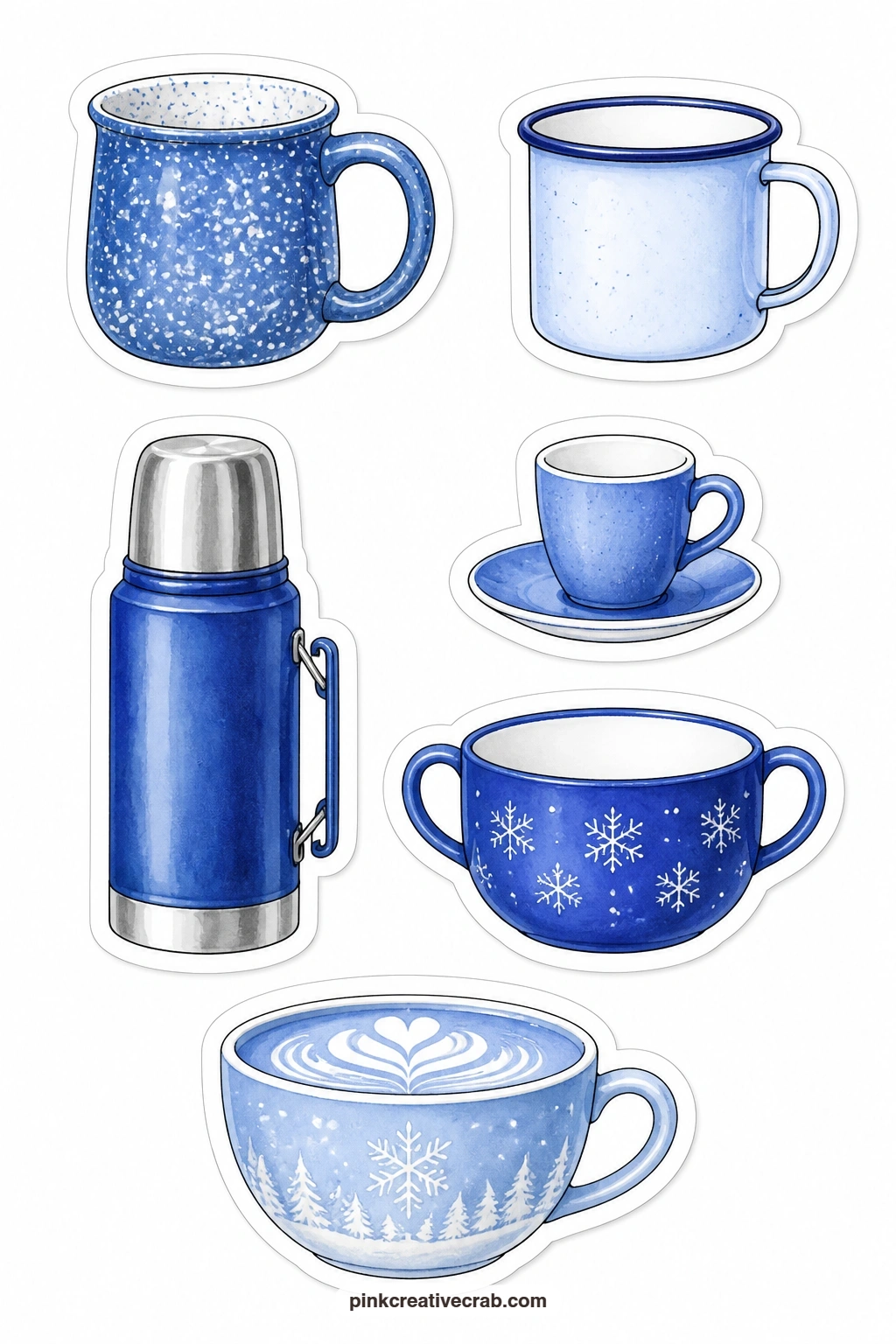 Blue Mugs and Cups Stickers printable page — A speckled blue mug, an enamel cup, a blue thermos, a blue espresso cup, a blue soup mug and a blue latte bowl