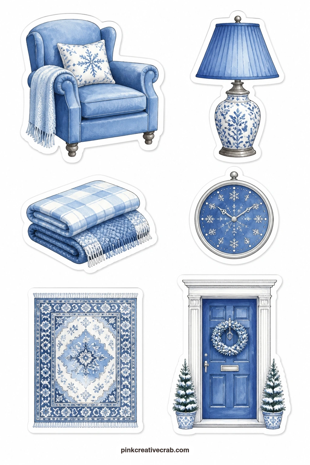Cozy Blue Home Stickers printable page — A blue armchair, a blue lamp, a blue blanket, a blue rug, a blue clock and a blue door bring the set indoors with six