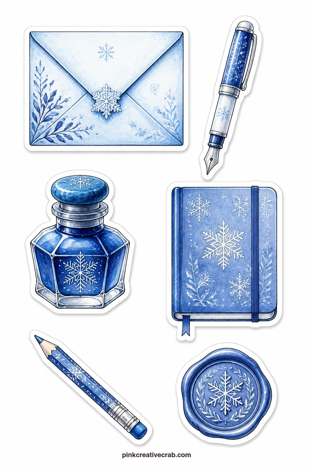 Blue Stationery Stickers printable page — Keep the five-minute version simple: cut out just the fountain pen and the wax seal from this sheet and tuck them
