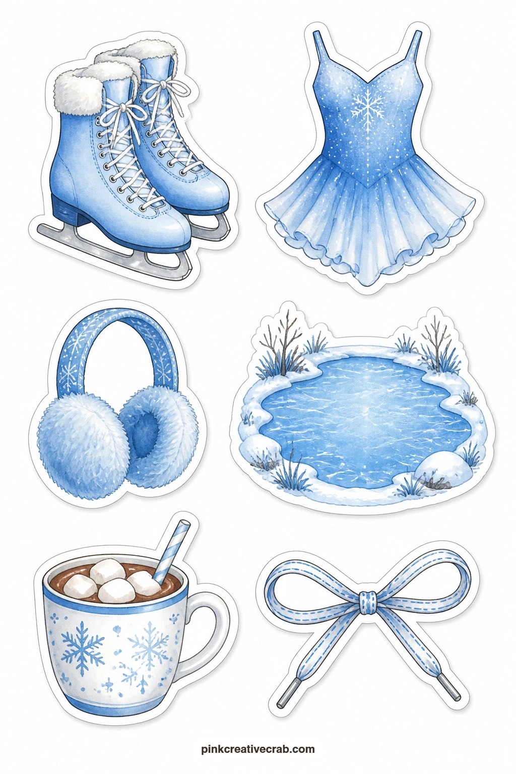 Ice Skating Stickers printable page — A pair of blue skates, a blue skating dress, a pair of earmuffs, a frozen pond shape, a hot cocoa cup and a skate lace