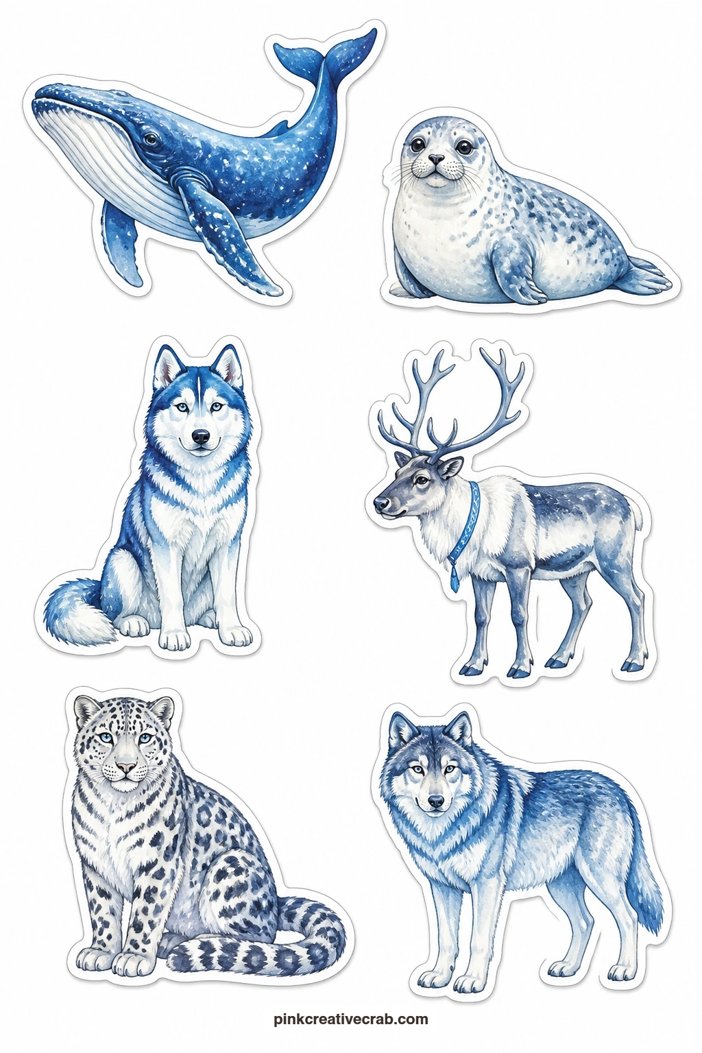 Winter Animals in Blue Tones Stickers printable page — A blue whale, a harbor seal, a husky, a reindeer, a snow leopard and a wolf give the set six larger
