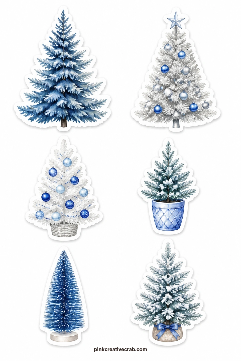 Blue Christmas Trees Stickers printable page — A blue spruce, a silver tree, a white tree with blue balls, a tree in a blue pot, a blue bottle brush tree and a