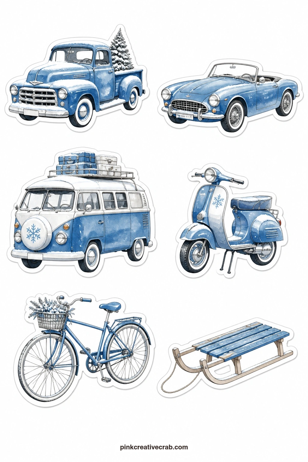 Blue Vintage Cars Stickers printable page — A blue truck, a blue convertible, a blue camper, a blue scooter, a blue bike and a blue sled give a playful