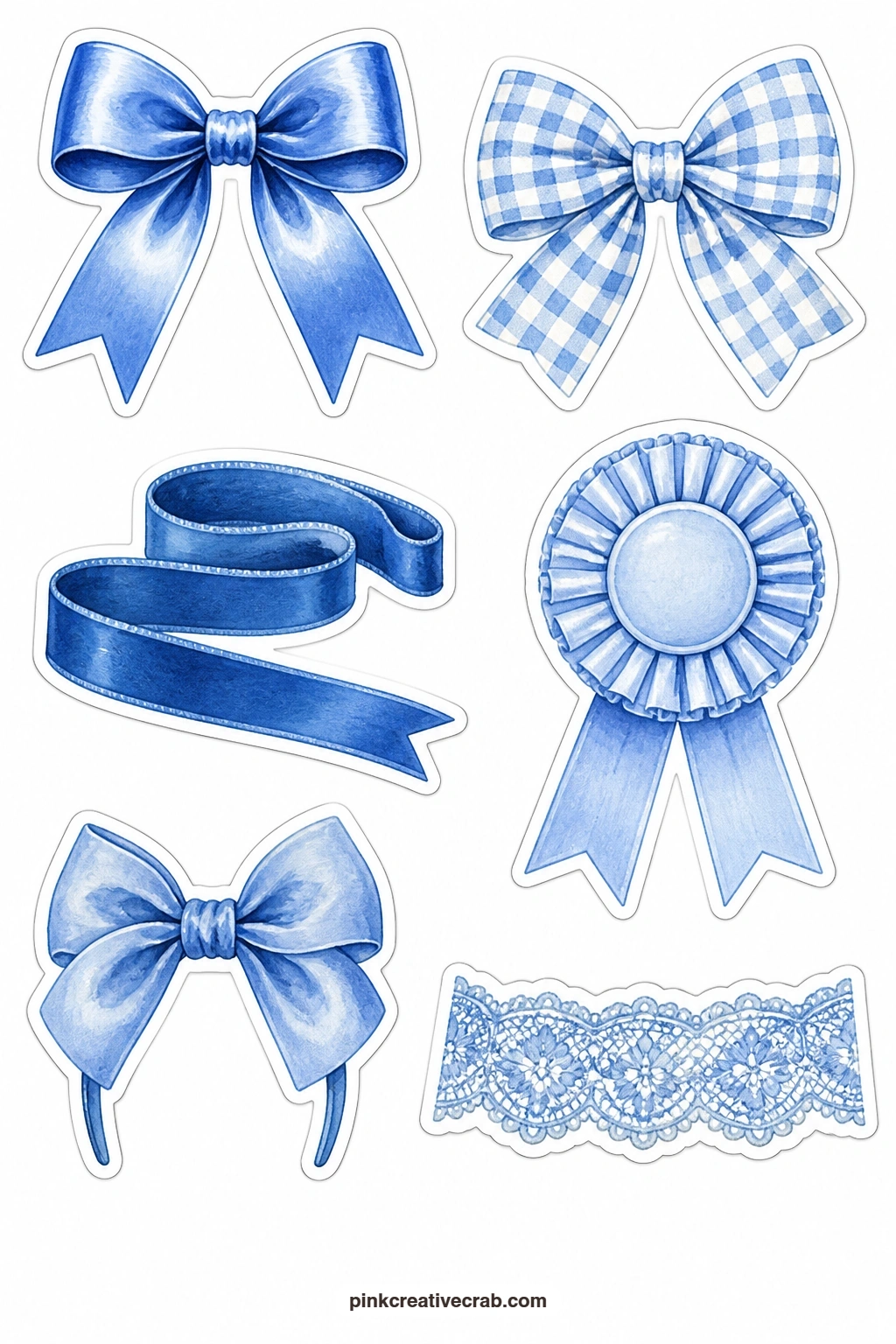 Blue Ribbons and Bows Stickers printable page — A blue satin bow, a blue gingham bow, a blue velvet ribbon, a blue rosette, a blue hair bow and a blue lace