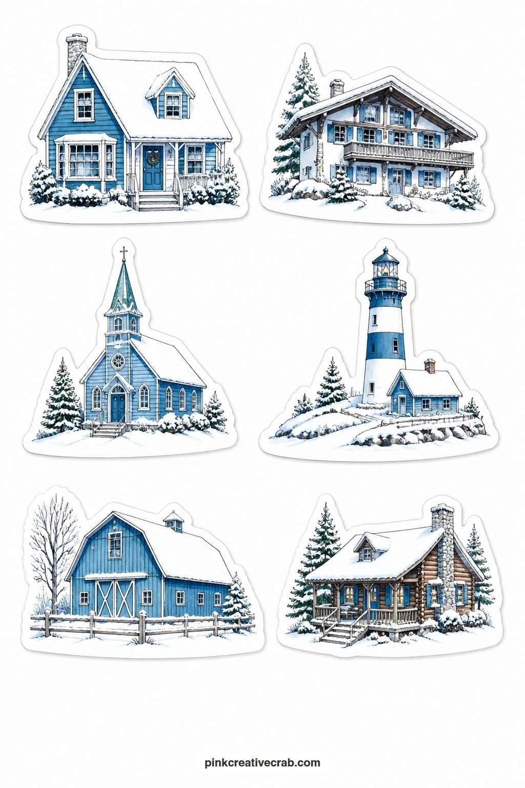 Snowy Cottages Stickers printable page — A blue cottage, a snowy chalet, a blue church, a lighthouse in snow, a blue barn and a winter cabin close out the set
