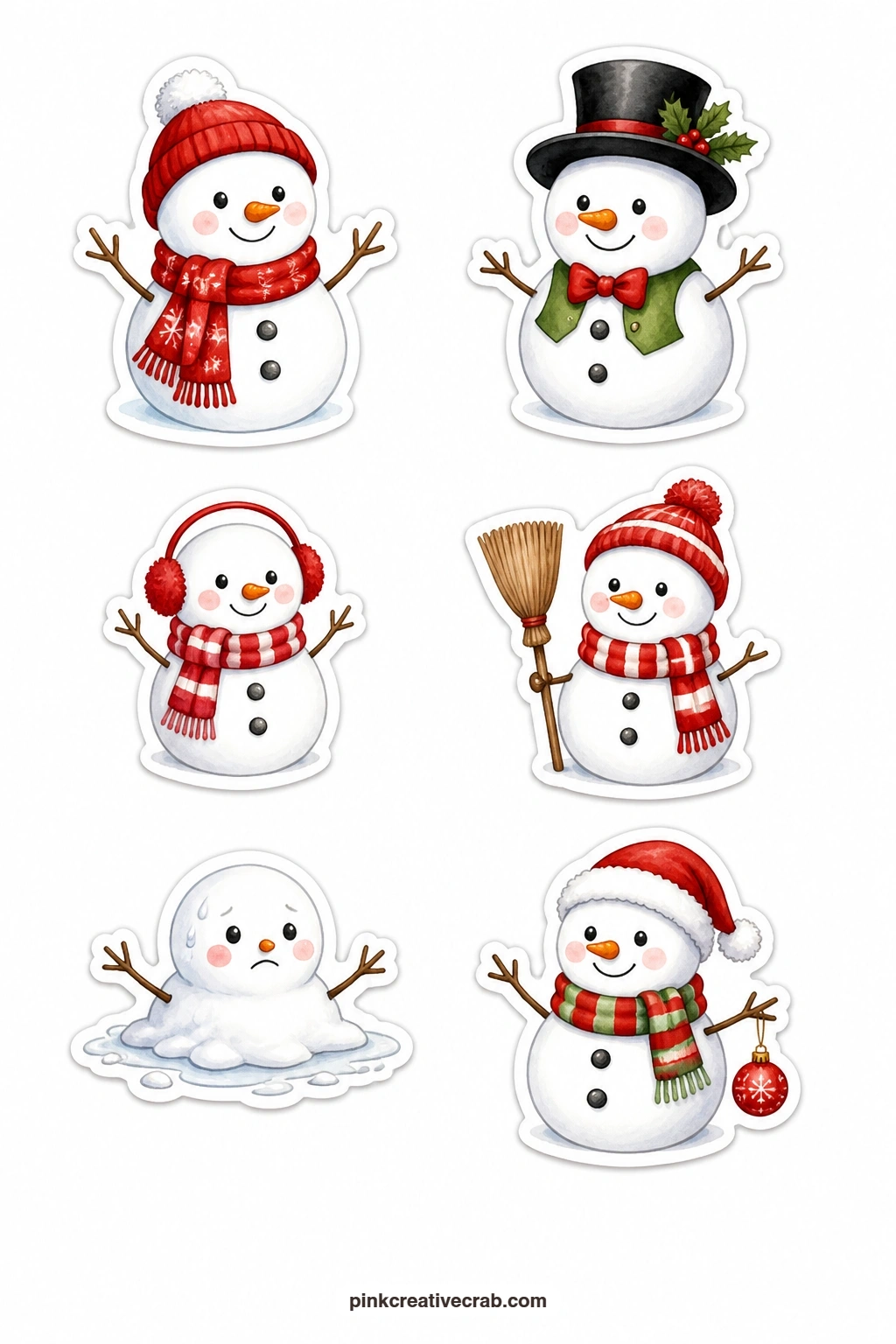 Little Snowmen Stickers printable page — A snowman in a red scarf, a snowman in a top hat, a tiny snowman with earmuffs, a snowman holding a broom and a