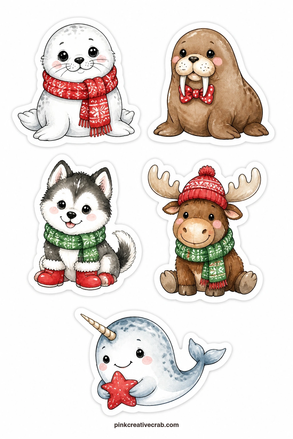 Snowy Friends Stickers printable page — A seal in a scarf, a little walrus with a bow, a husky puppy in boots, a moose in a hat and a narwhal with a star bring