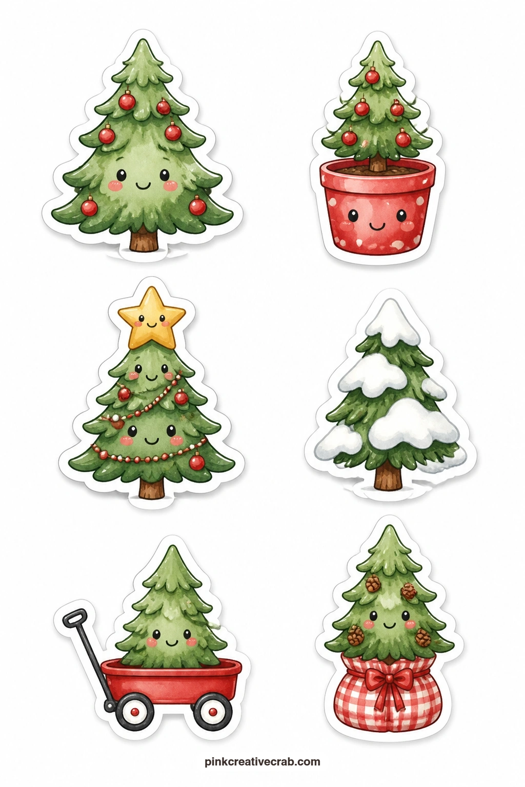 Tiny Trees Stickers printable page — A tree with a face, a tree in a pot, a tree with a star crown, a little snowy fir and a tree in a red wagon give you five