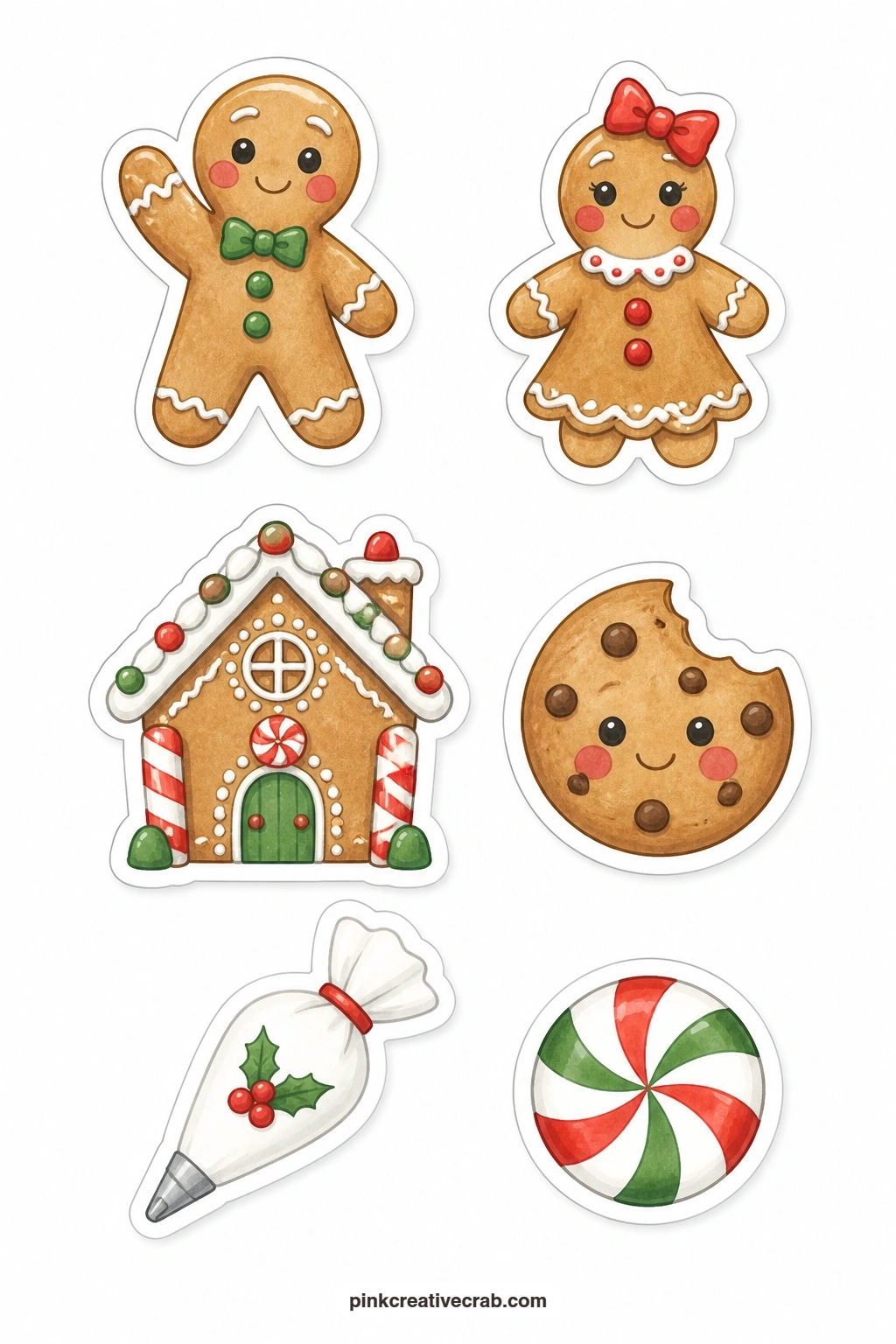 Gingerbread Folk Stickers printable page — A gingerbread man waving, a gingerbread girl with a bow, a gingerbread house with gumdrops, a bitten cookie and an