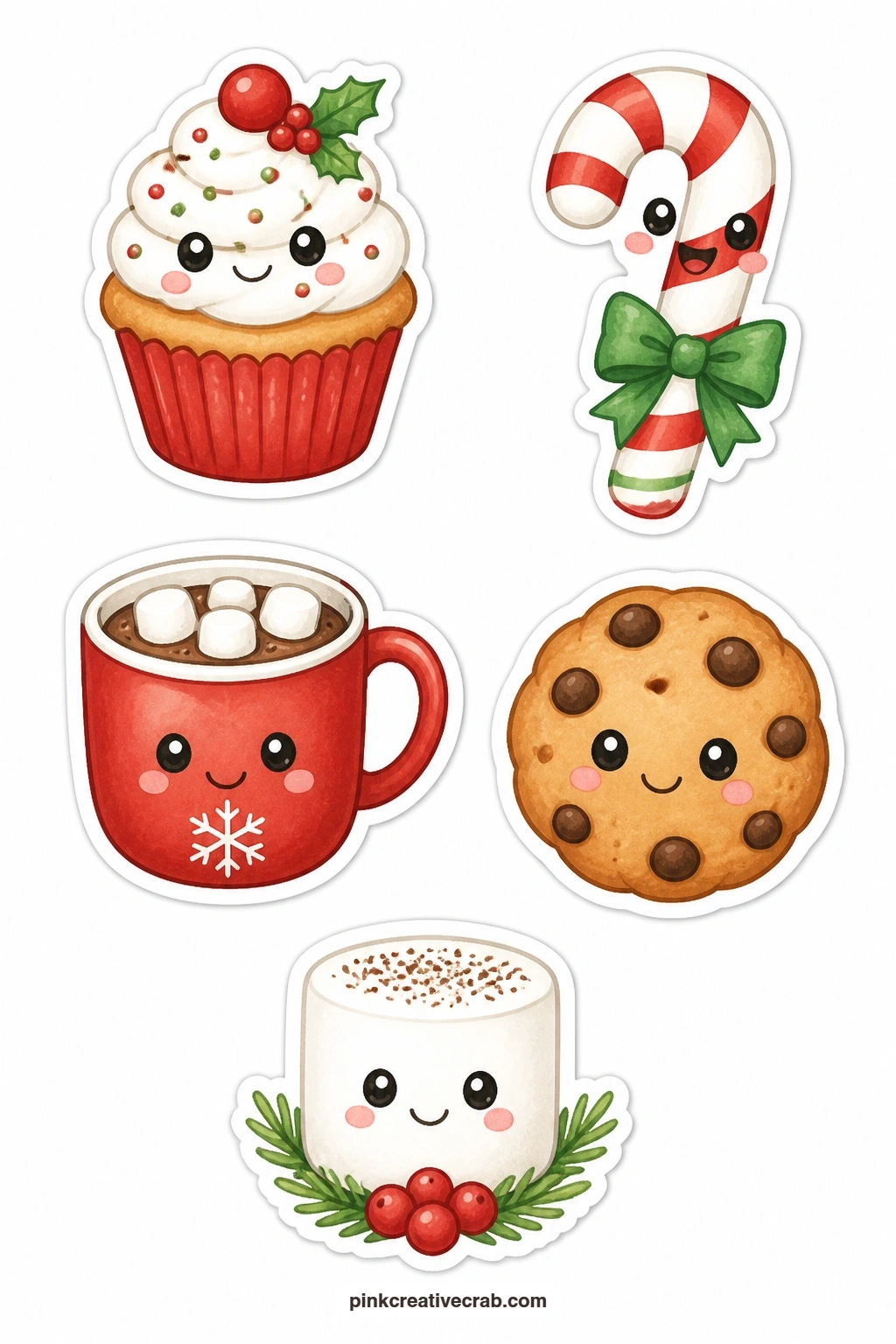 Cute Treats Stickers printable page — A smiling cupcake, a happy candy cane, a cocoa mug with a face, a cookie with a face and a smiling marshmallow turn five