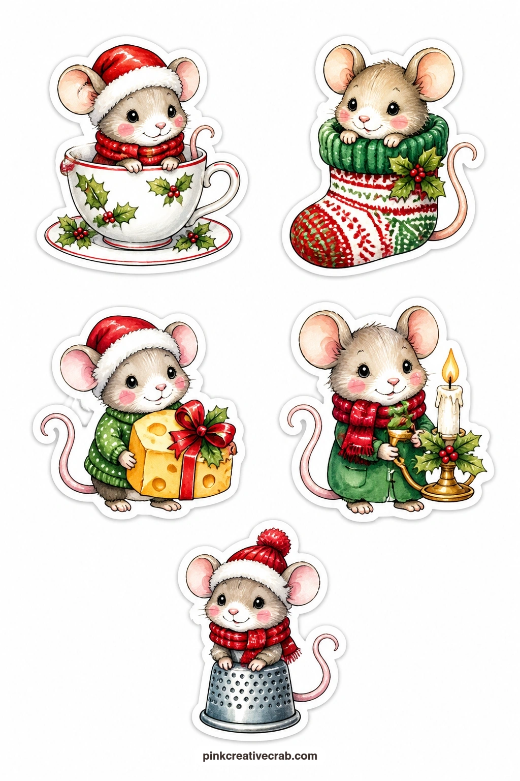 Christmas Mice Stickers printable page — A mouse in a teacup, a mouse in a sock, a mouse with a cheese wedge gift, a mouse holding a candle and a mouse on a