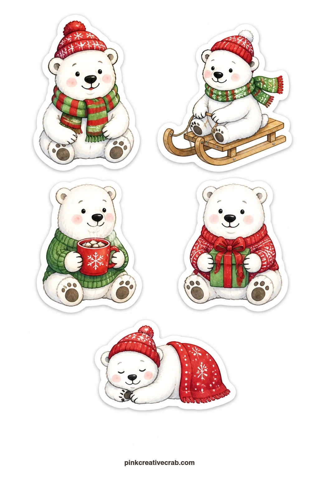 Cozy Polar Bears Stickers printable page — A polar bear in a hat, a polar bear cub on a sled, a bear holding a mug, a bear with a gift and a sleeping bear cub