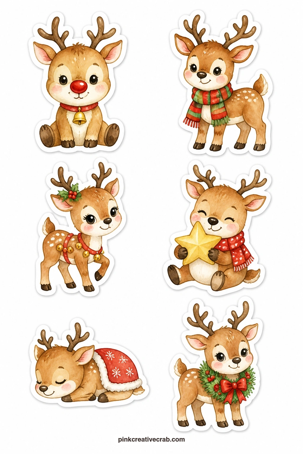 Baby Reindeer Stickers printable page — A reindeer with a red nose, a reindeer in a scarf, a fawn with jingle bells, a reindeer hugging a star and a sleeping