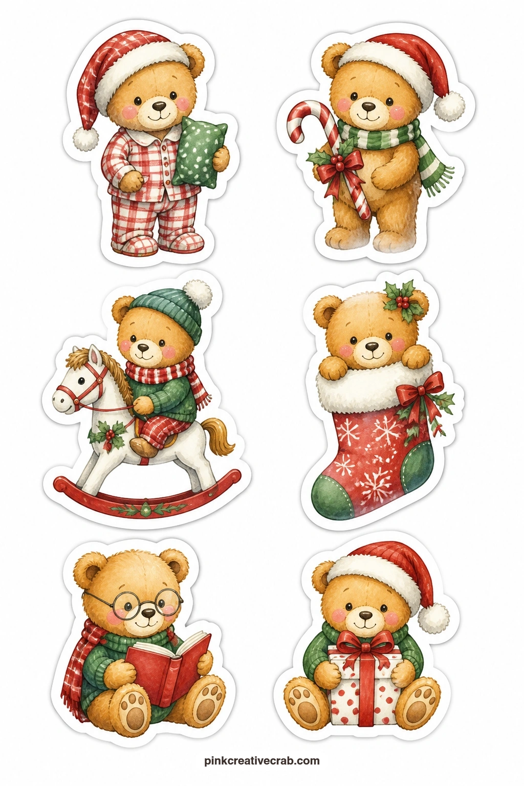 Christmas Teddies Stickers printable page — A teddy bear in pajamas, a teddy with a candy cane, a bear on a rocking horse, a bear in a stocking and a bear