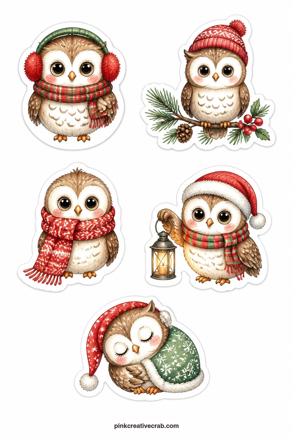 Sweet Owls Stickers printable page — An owl in earmuffs, an owl on a pine branch, a baby owl in a scarf, an owl with a lantern and a sleepy owl round out the