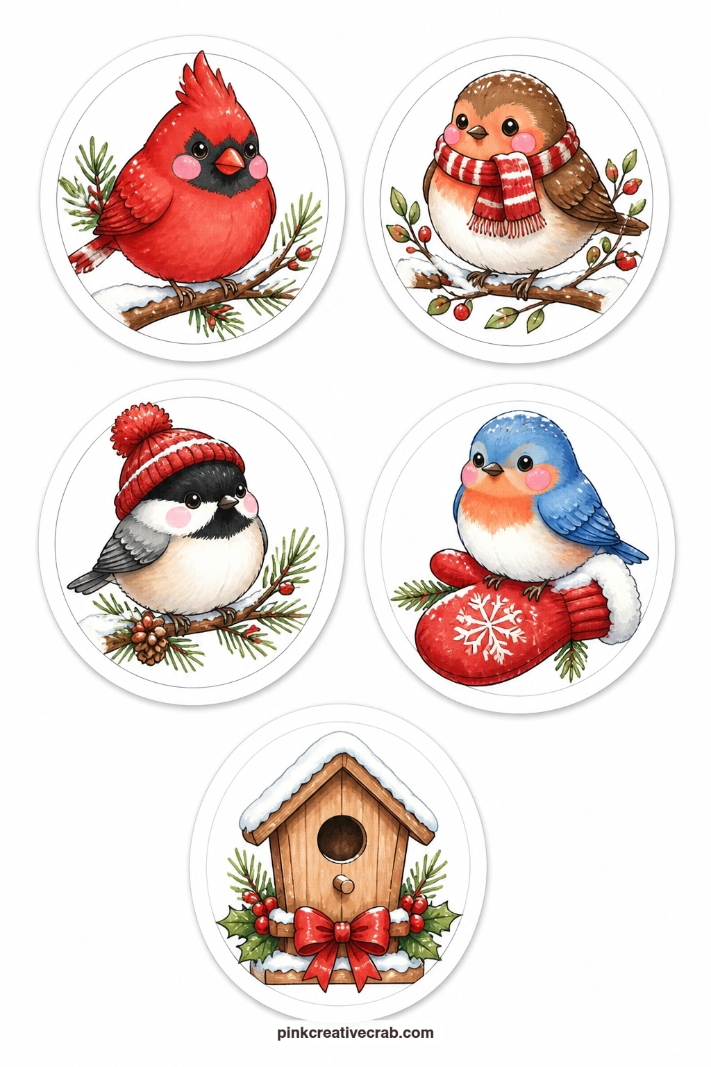 Round Winter Birds Stickers printable page — A chubby cardinal, a round robin, a chickadee in a hat, a bluebird on a mitten and a birdhouse with snow complete