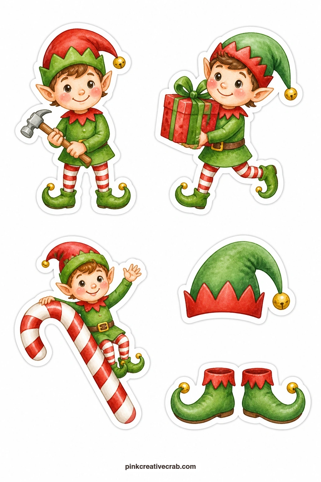 Santa's Helpers Stickers printable page — An elf with a hammer, an elf carrying a gift, an elf on a candy cane, an elf hat and a pair of curly elf shoes make a