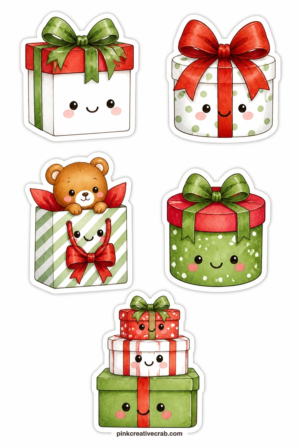 Happy Presents Stickers printable page — A gift box with a face, a box with a big bow, a gift bag with a teddy peeking out, a round present and a stack of