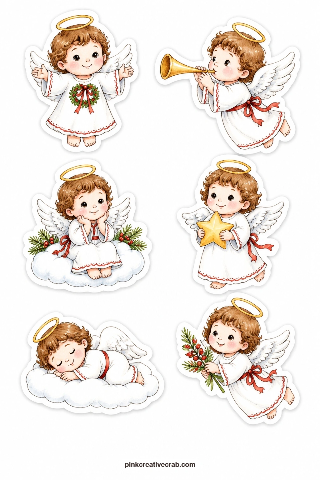 Cute Angels Stickers printable page — A chubby angel with a halo, an angel blowing a horn, an angel on a cloud, an angel holding a star and a sleeping angel