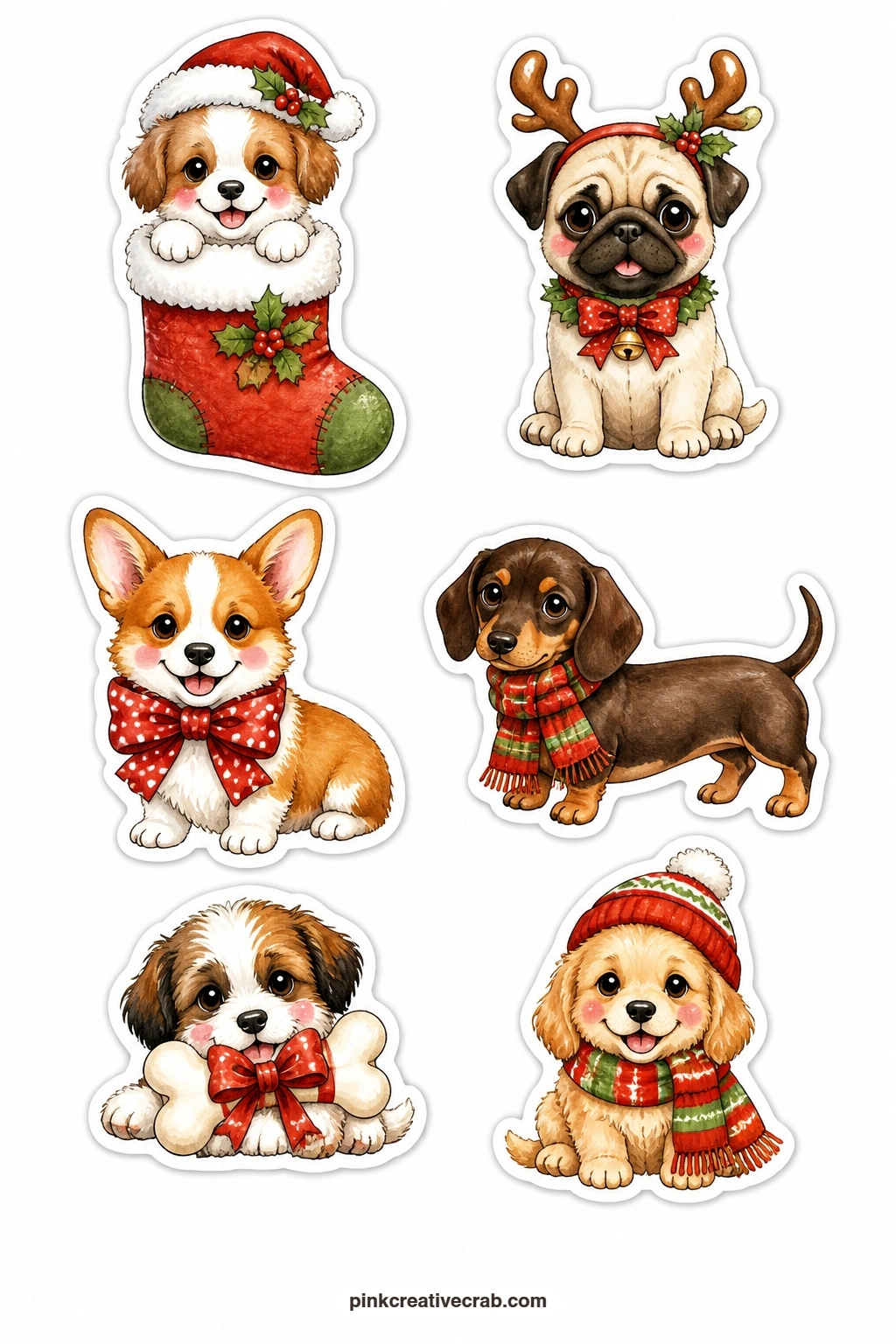 Christmas Puppies Stickers printable page — A puppy in a stocking, a pug in antlers, a corgi with a bow, a dachshund in a scarf and a puppy with a bone wrapped
