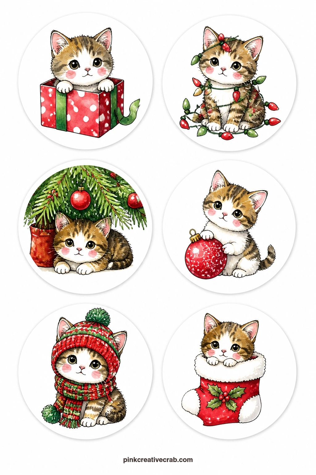 Kittens At Christmas Stickers printable page — A kitten in a gift box, a kitten tangled in lights, a kitten under a tree, a kitten with a bauble and a kitten