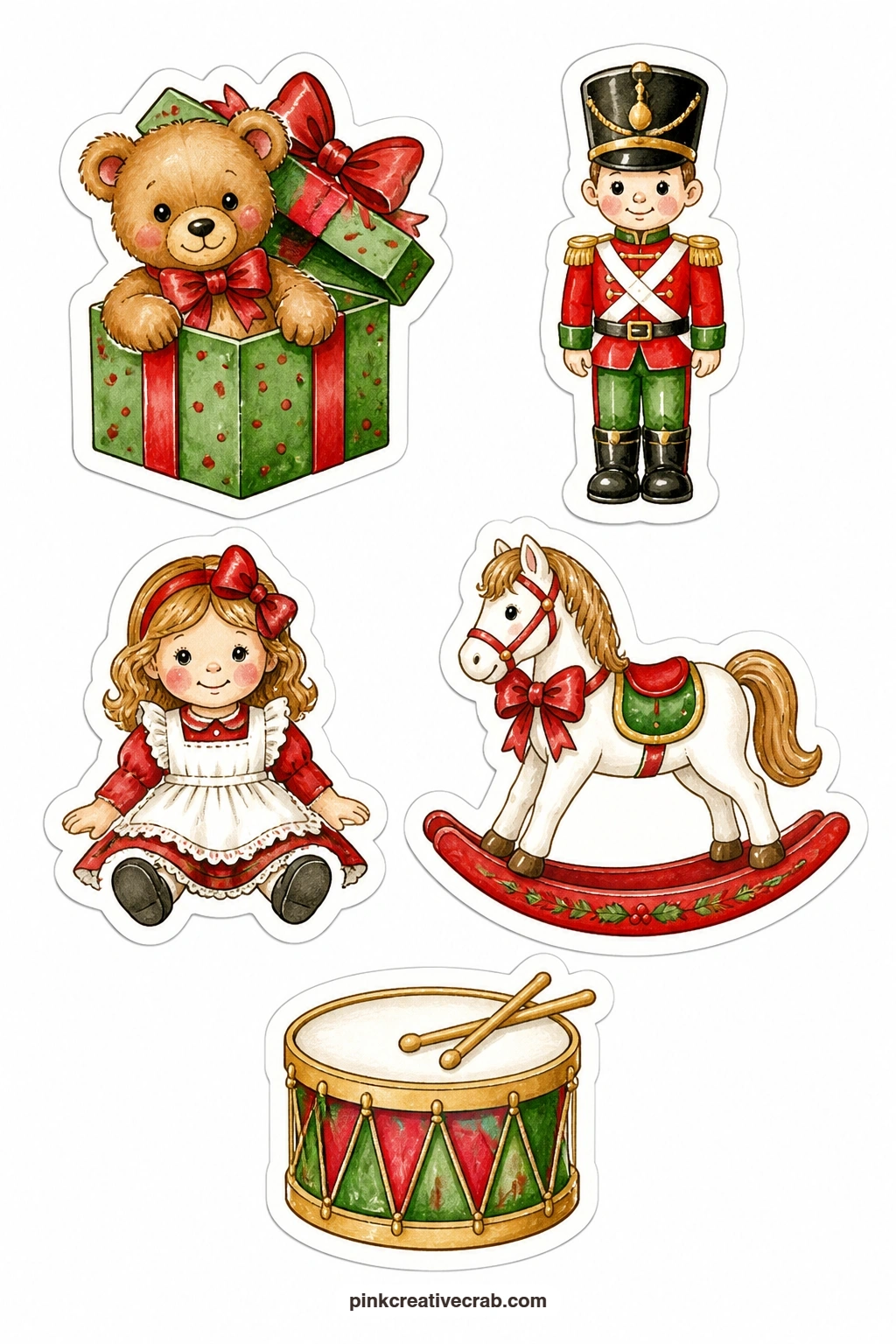 Christmas Morning Cuties Stickers printable page — A teddy in a gift, a toy soldier, a baby doll, a rocking horse with a bow and a toy drum capture the look of