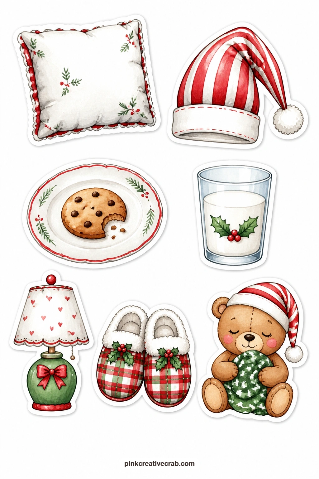 Sleepy Christmas Eve Stickers printable page — A fluffy pillow, a nightcap, a cookie plate for Santa, a glass of milk and a bedside lamp close out the set with