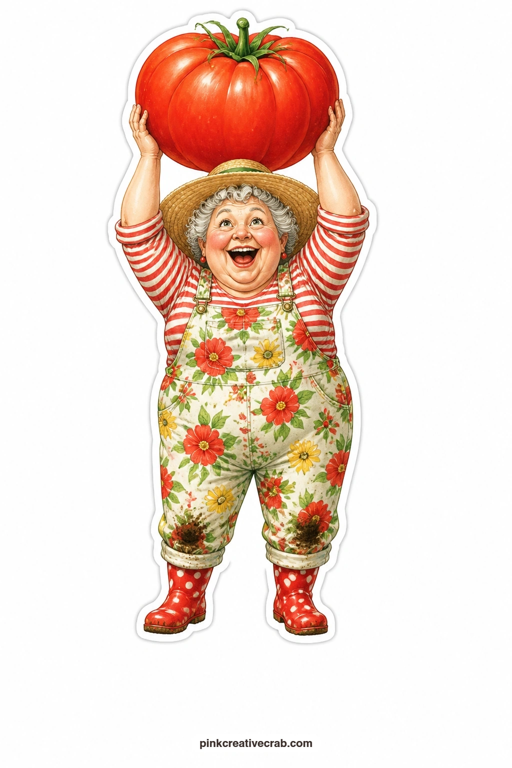 The Giant Tomato Triumph printable page — Big straw sun hat tilted back and floral overalls streaked with garden dirt, she holds her giant red tomato aloft