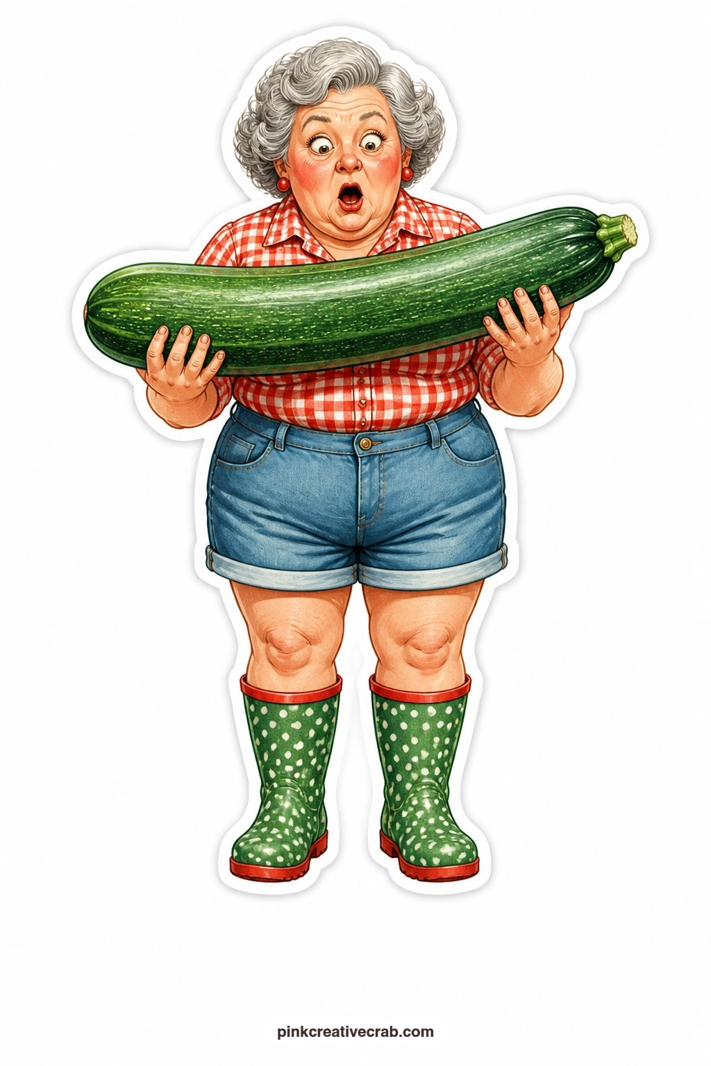 The Alarming Zucchini printable page — Standing in tall rubber boots and a gingham shirt, she stares wide eyed at a zucchini grown as long as her own arm