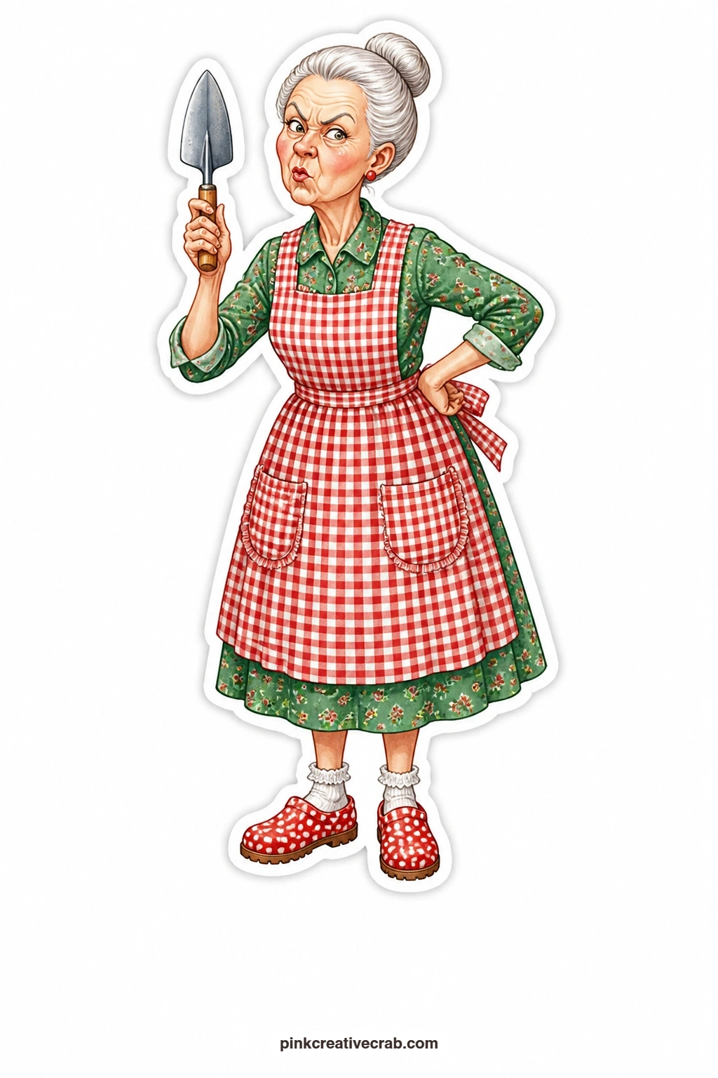 The Trowel Scolding printable page — White bun pinned neatly and a practical garden smock over her dress, she raises a trowel with a frown that could stop a