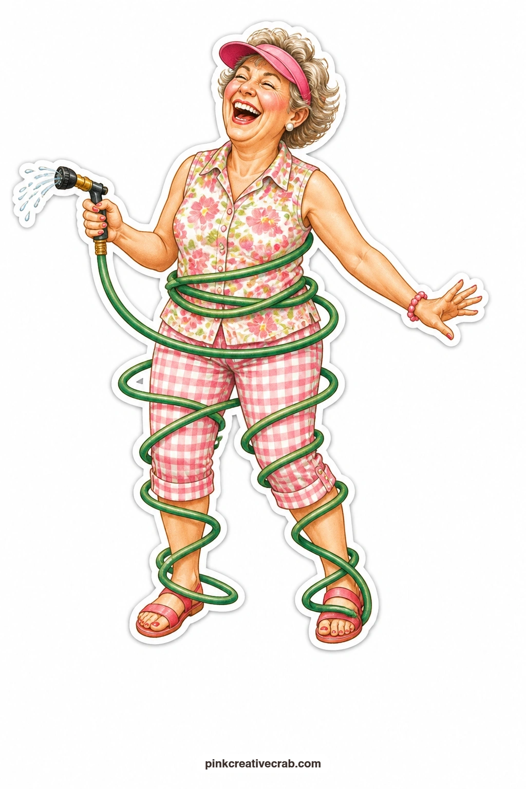 The Garden Hose Tangle printable page — Laughing helplessly in a pink sun visor and cropped capri pants, she has managed to wind a green garden hose completely
