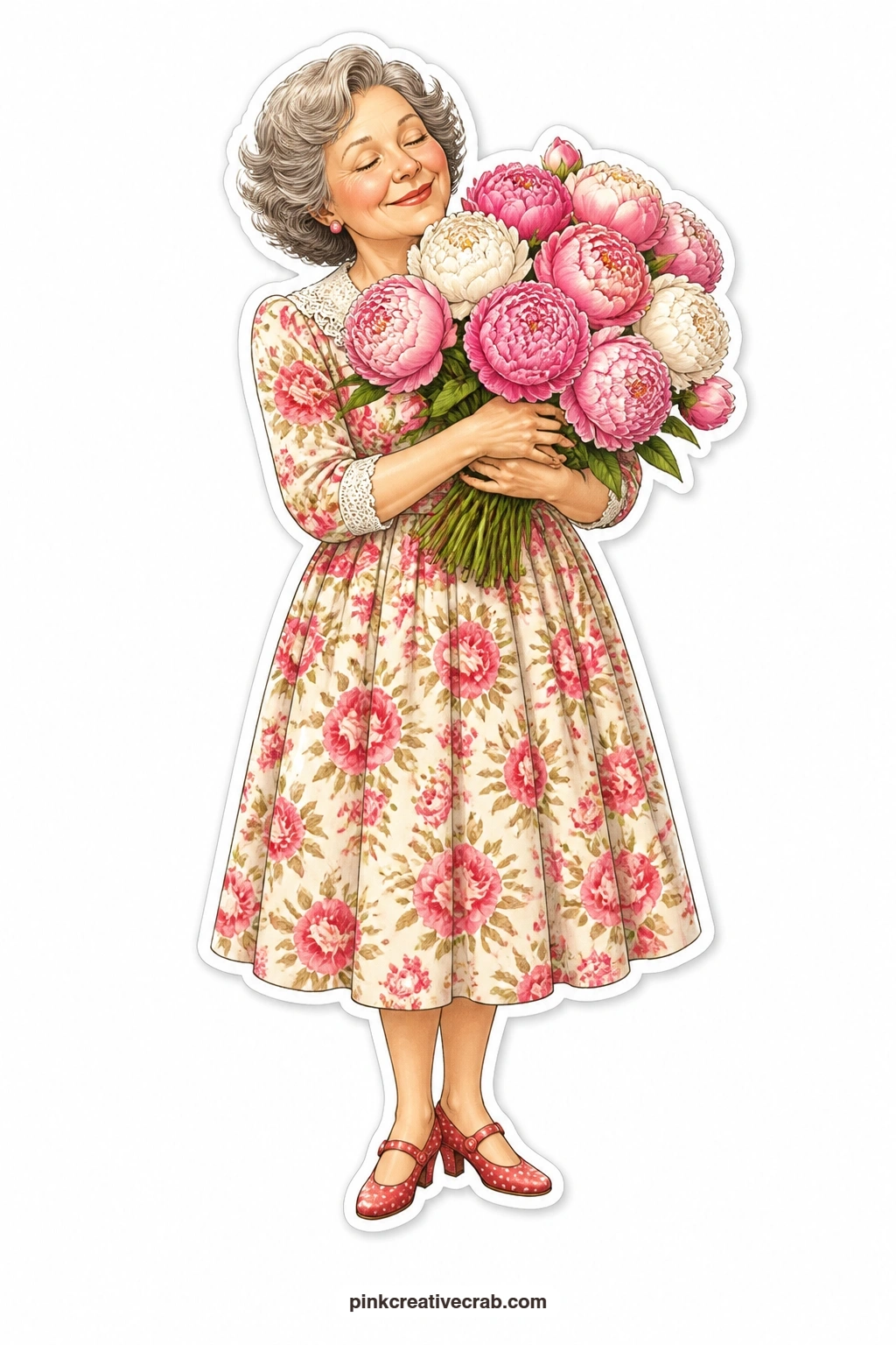 The Peony Daydream printable page — Eyes closed and chin lifted, she buries her face in an armful of peonies in her rose print dress, lost completely in the