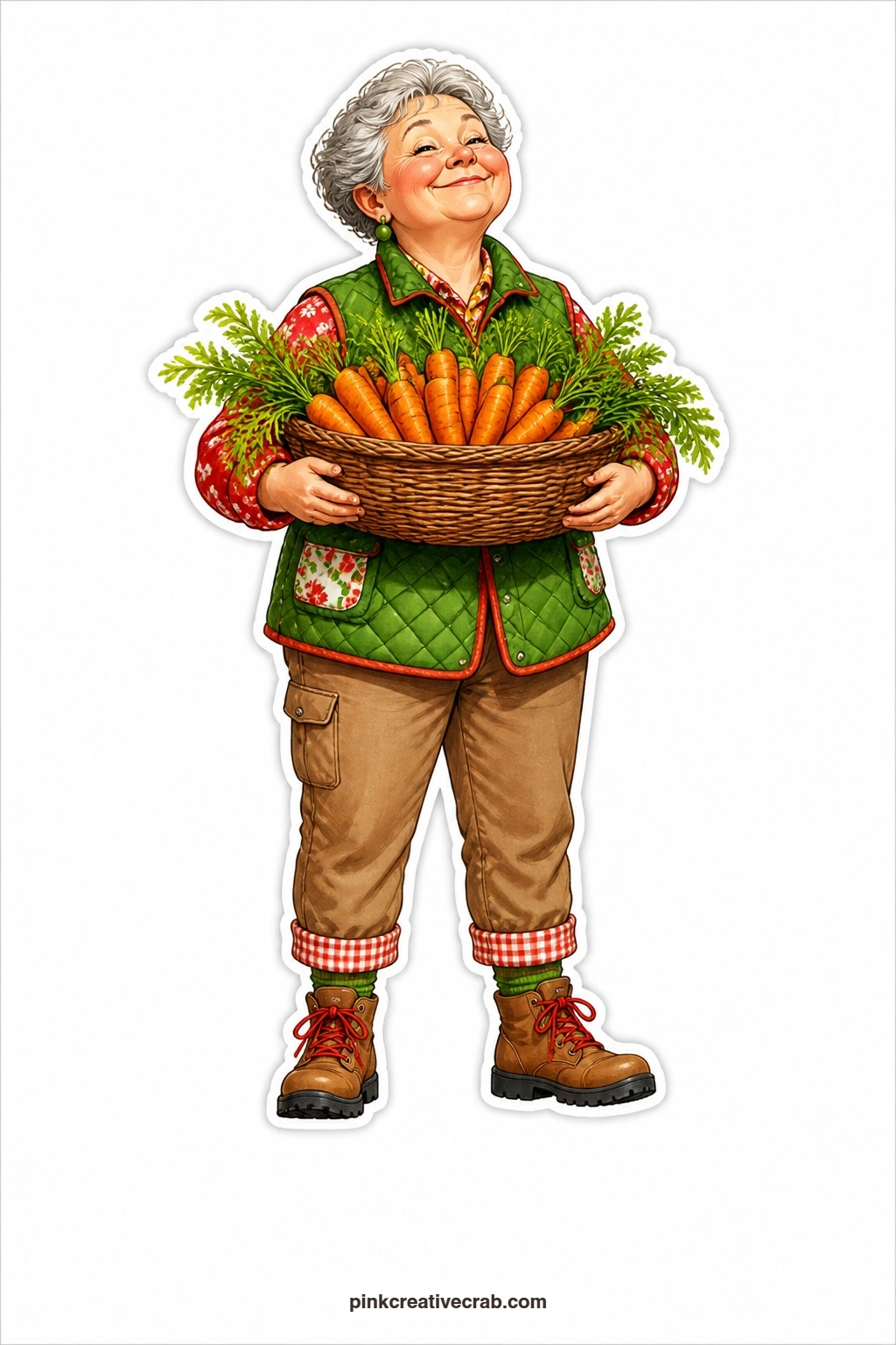 The Carrot Basket Pride printable page — Chin up and shoulders back in her quilted gardening vest, she carries a basket piled high with fresh carrots, tops and