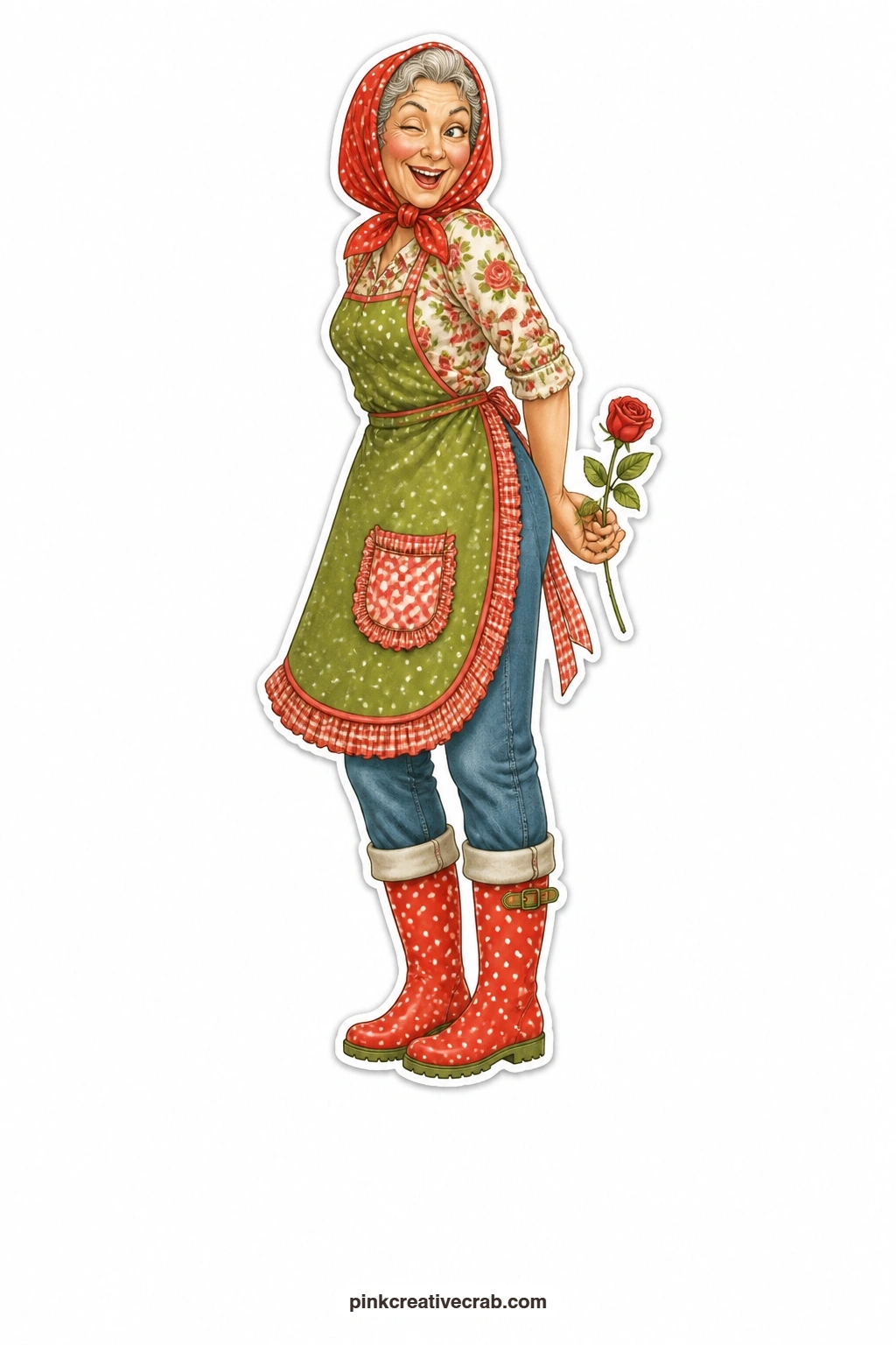 The Rose Cutting Giggle printable page — Tall and caught red-handed mid snip in her polka dot head scarf, she giggles over a stolen rose cutting tucked behind