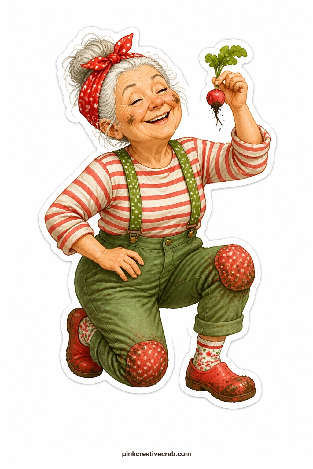 The Victorious Radish printable page — Muddy knee pads and a striped shirt tell the story before the radish does, and she holds up her single small prize with