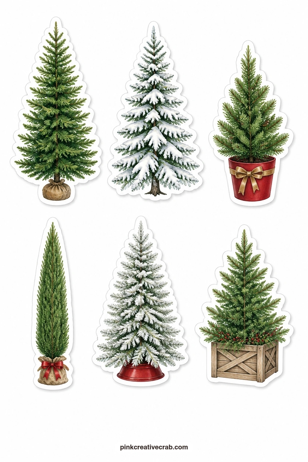 Classic Fir Stickers printable page — Six firs cover the basics of a Christmas tree sticker sheet: a tall green fir standing alone, a snowy spruce dusted