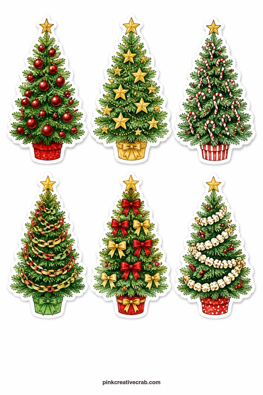 Decorated Tree Stickers printable page — These six decorated trees show the same fir dressed six different ways: red baubles, gold stars, candy canes, paper