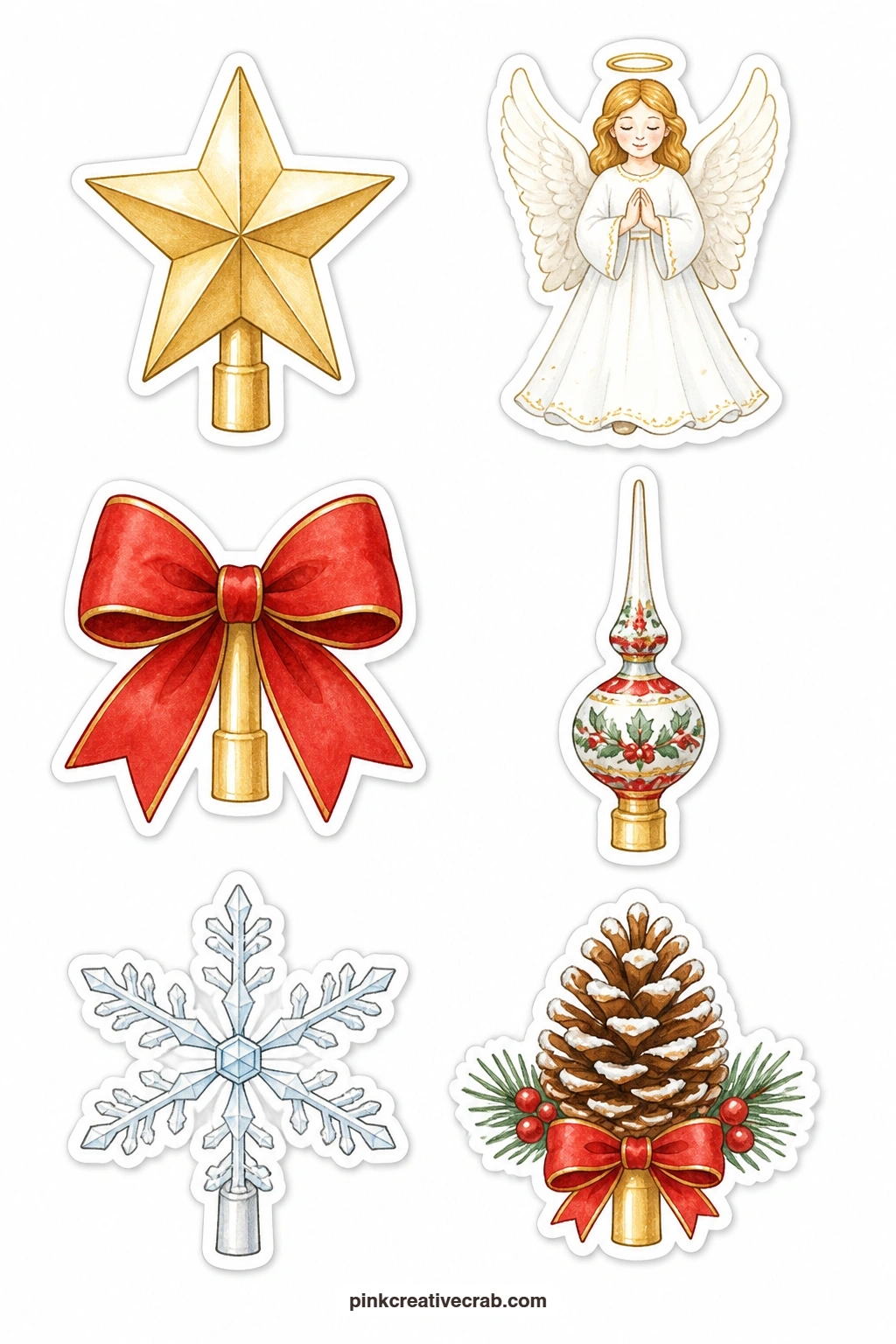 Tree Topper Stickers printable page — A gold star, an angel topper, a bow topper, a glass finial, a snowflake topper and a pinecone topper sit on this sheet on