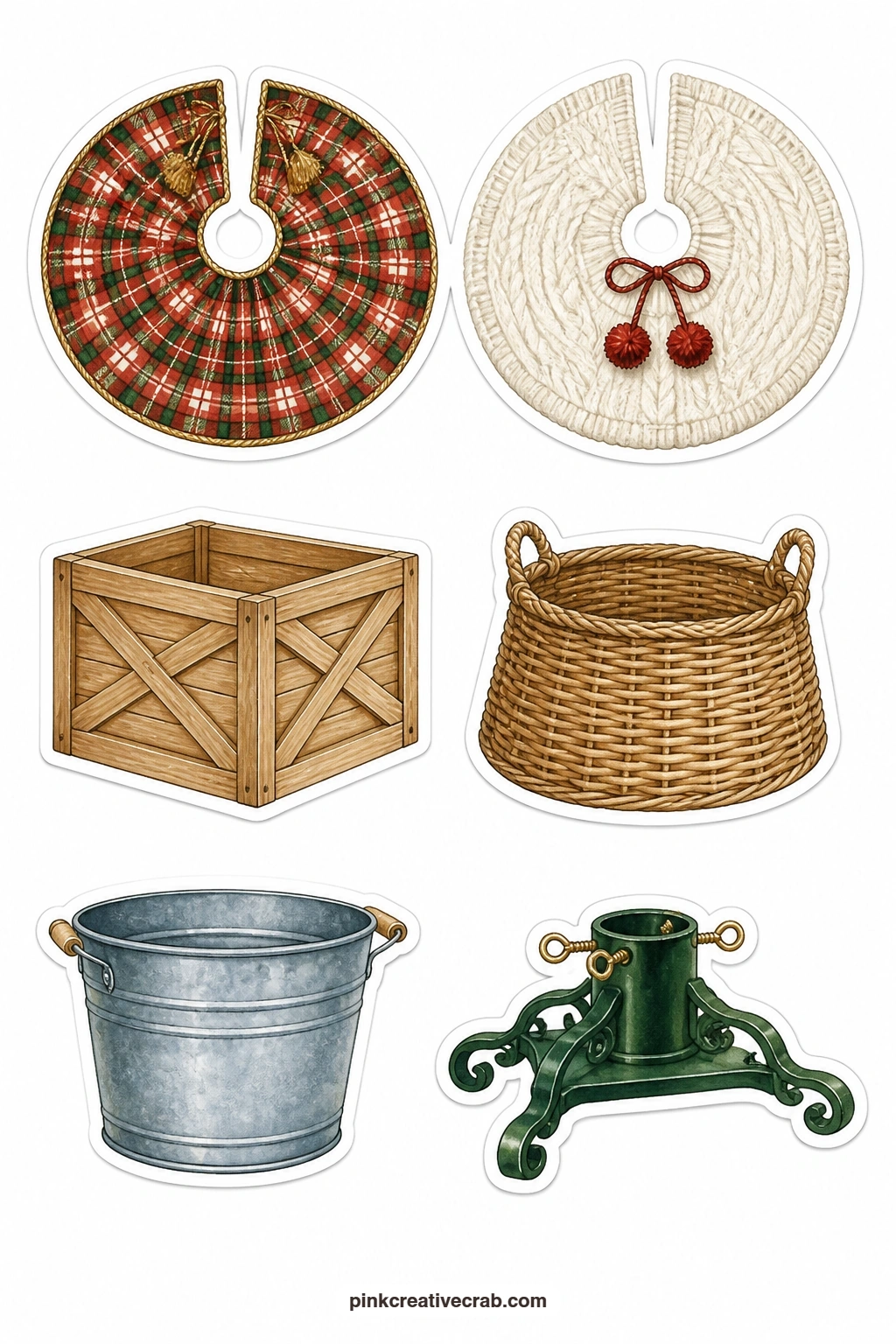 Tree Skirt and Stand Stickers printable page — Every tree needs a base, and this sheet gives you six: a plaid skirt, a knitted skirt, a wooden crate stand, a