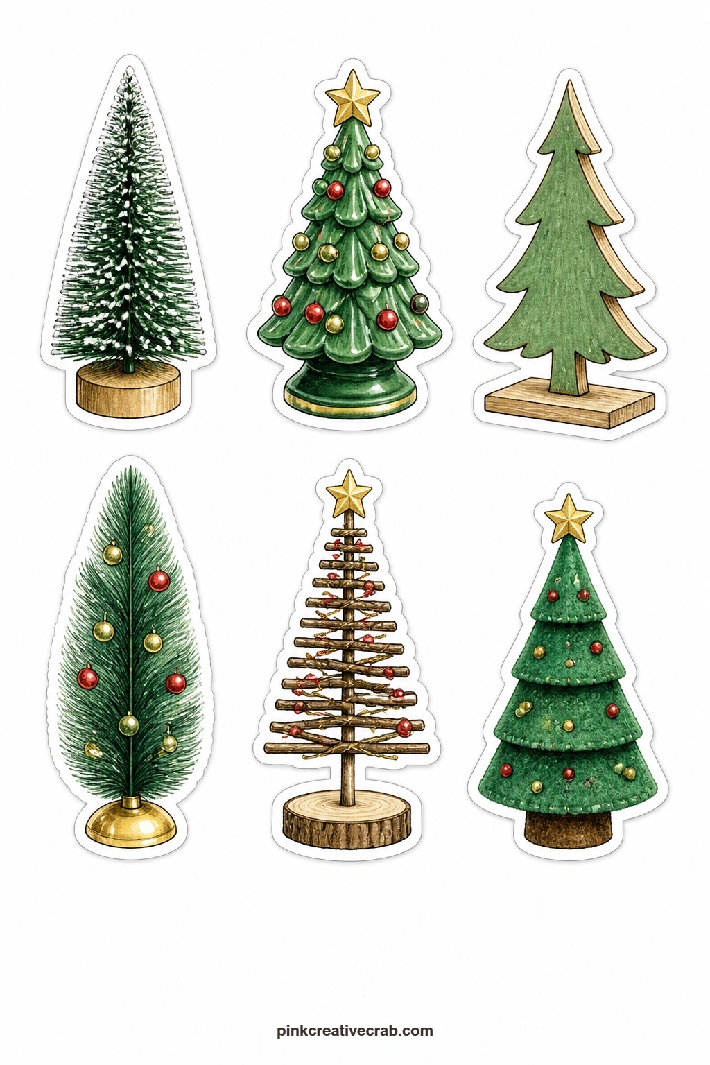 Tiny Tabletop Tree Stickers printable page — Scaled for small spaces, this sheet holds a bottle brush tree, a ceramic tree, a wooden cutout tree, a feather