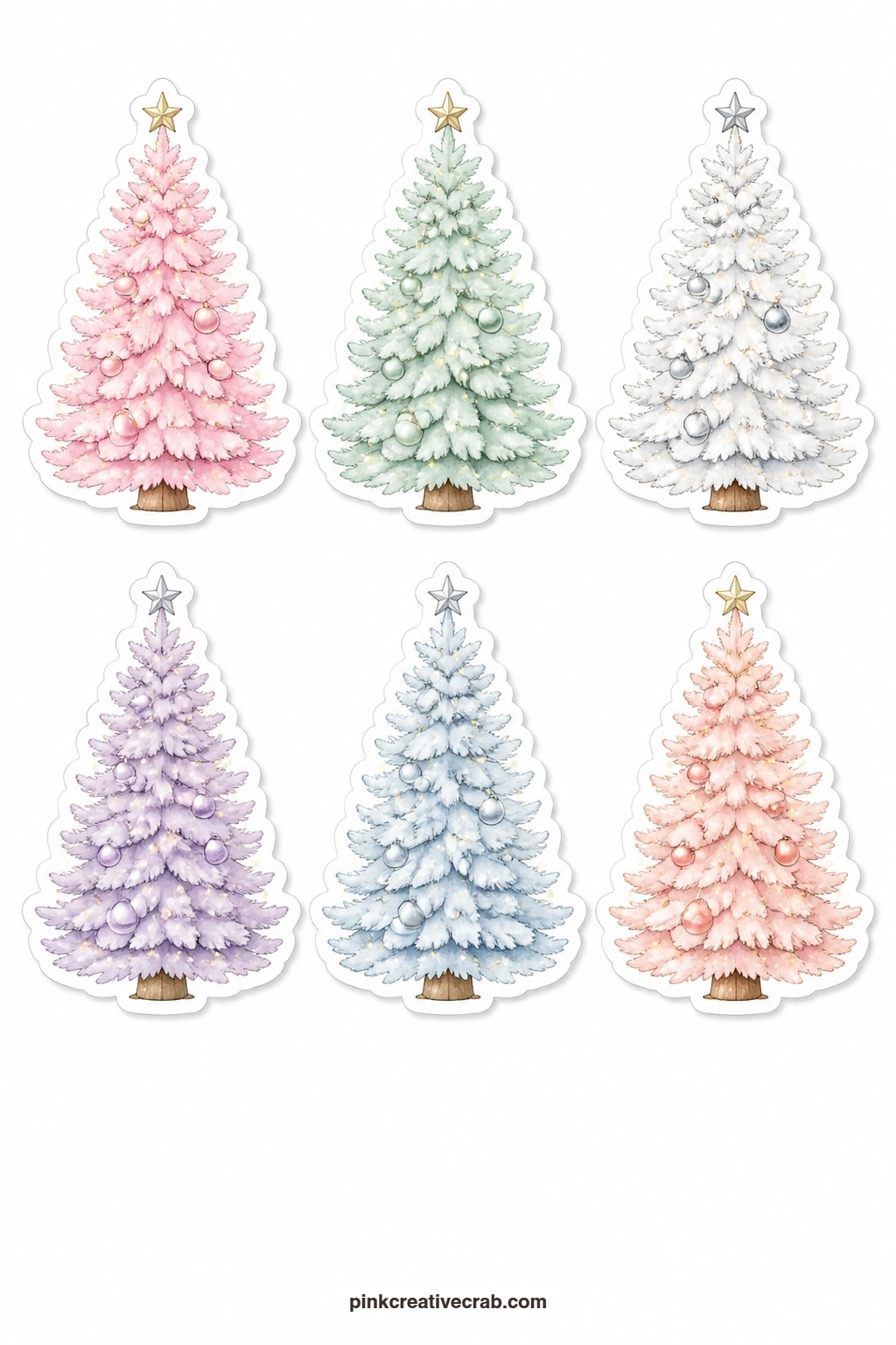 Pastel Tree Stickers printable page — For a softer palette than the classic red and green, this sheet gives you a pink tree, a mint tree, a white tree with