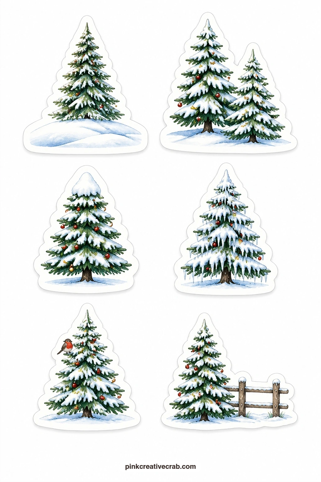 Trees In The Snow Stickers printable page — Snow turns a plain fir into a scene, and this sheet leans into that with a pine on a hill, a pair of firs standing