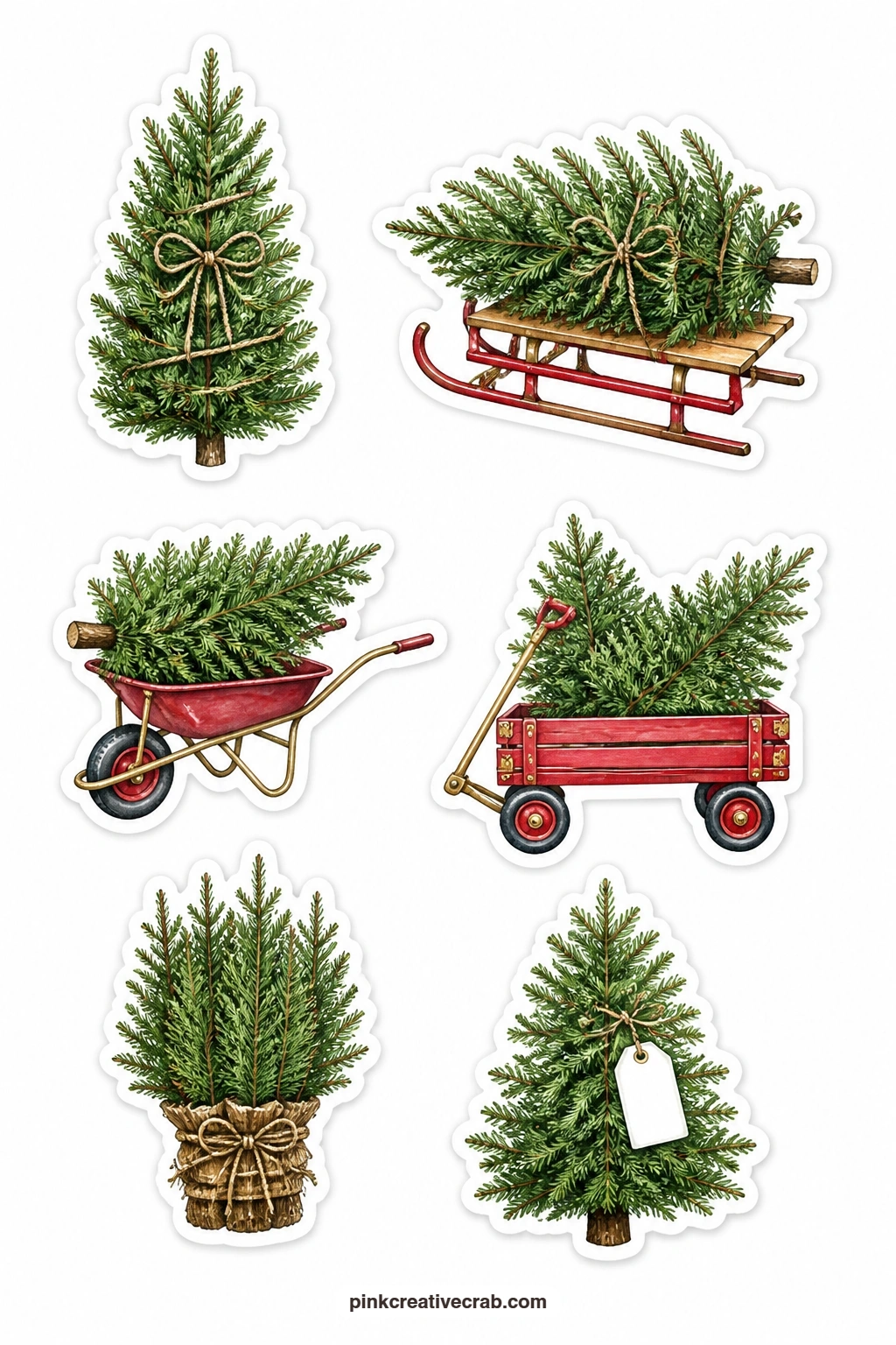 Tree Farm Stickers printable page — These six trees look freshly cut: one tied with twine, one strapped to a sled, one loaded in a wheelbarrow, one riding in a