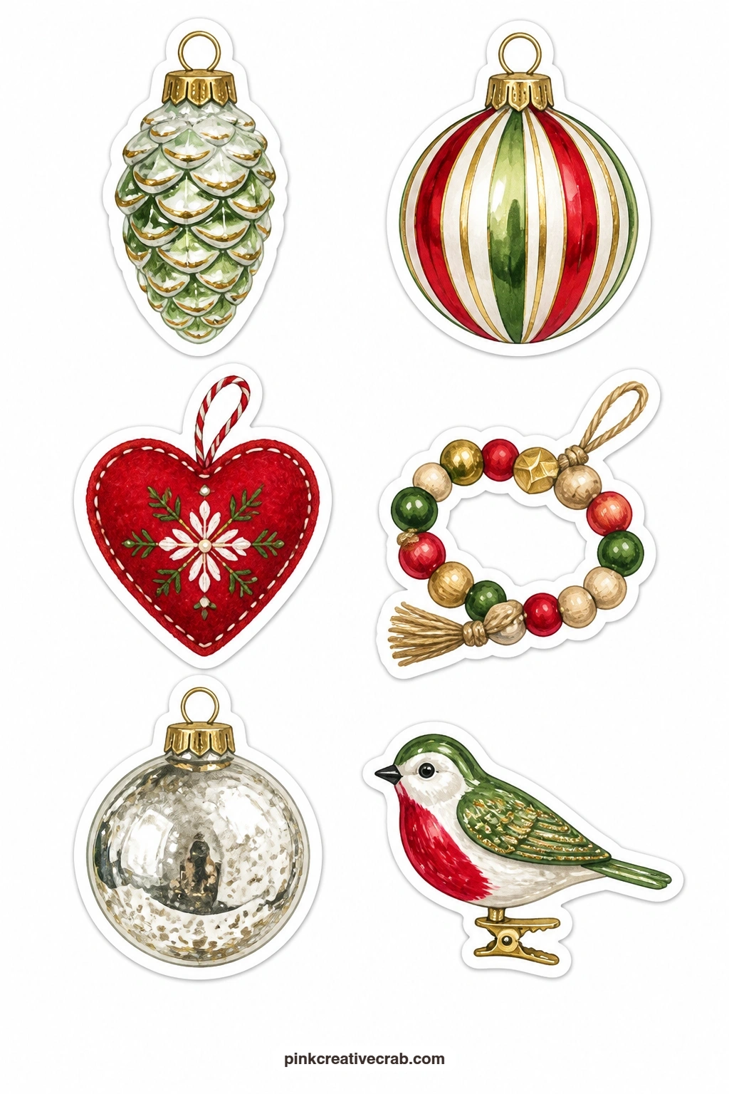 Ornament Close Up Stickers printable page — Rather than whole trees, this sheet zooms in on six single ornaments: a glass pinecone ornament, a striped bauble