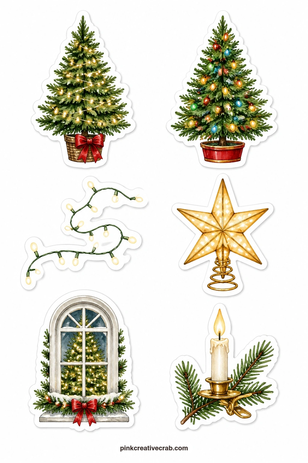 Lights On The Tree Stickers printable page — A tree wrapped in white lights, a tree strung with colored bulbs, a loose fairy light strand, a light-up star, a