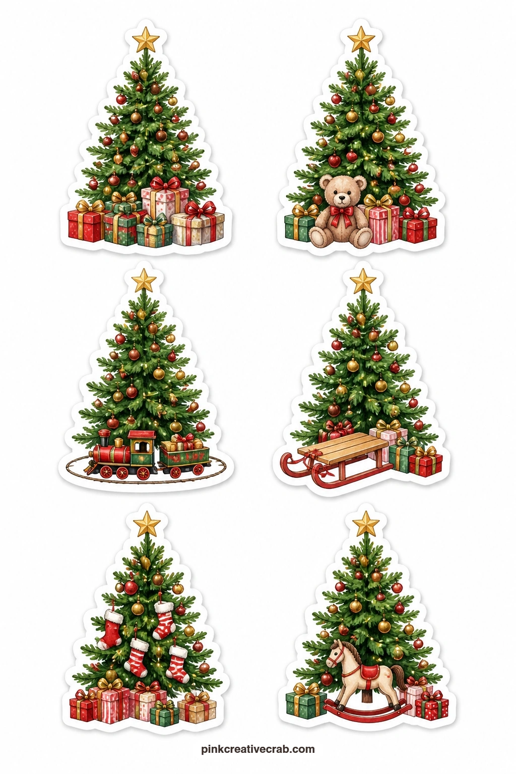 Trees With Gifts Beneath Stickers printable page — Each tree on this sheet comes with something waiting underneath: a stack of gifts, a teddy bear, a toy