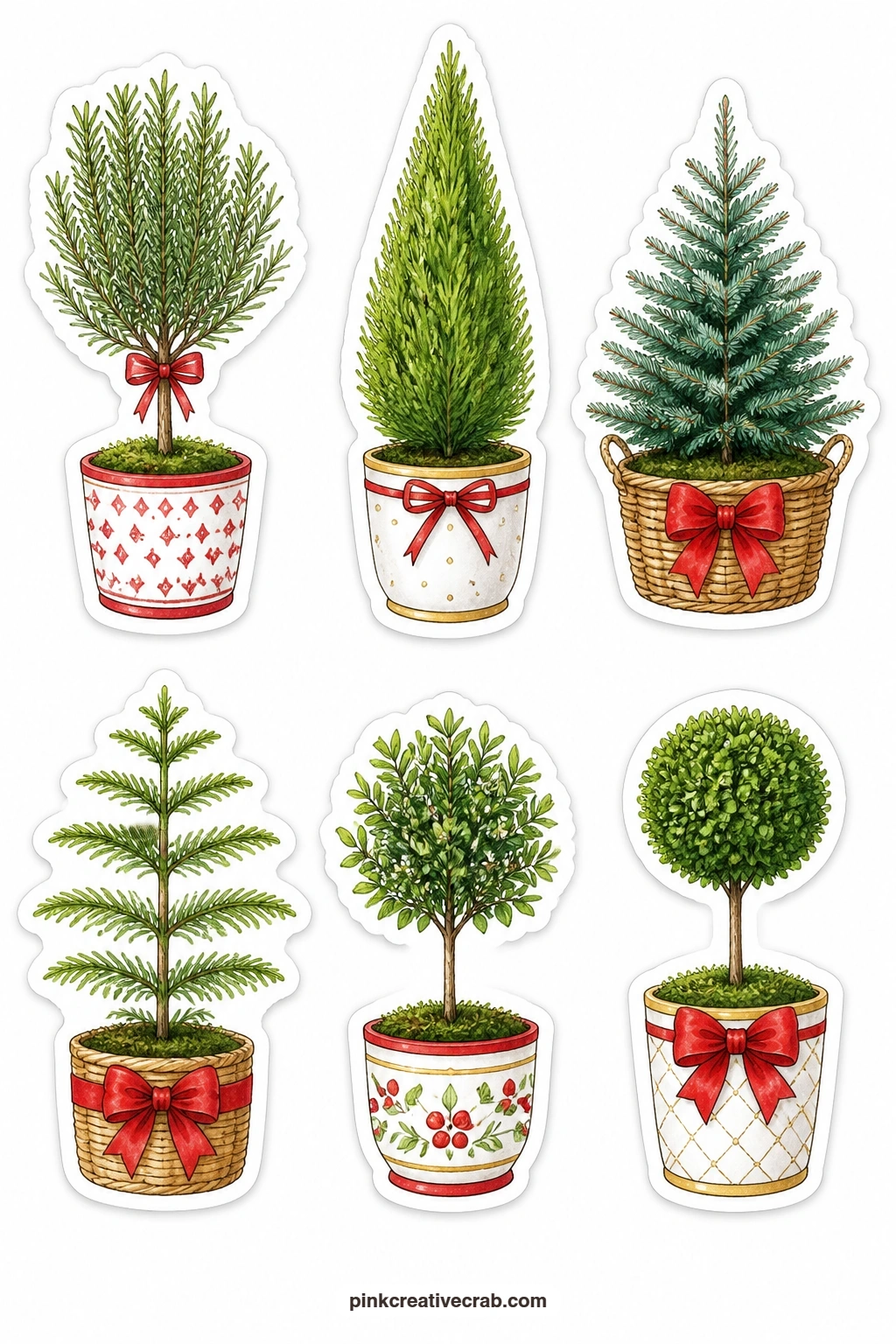 Trees In Pots And Baskets Stickers printable page — Potted evergreens get their own sheet here: a rosemary tree, a lemon cypress, a dwarf Alberta spruce, a