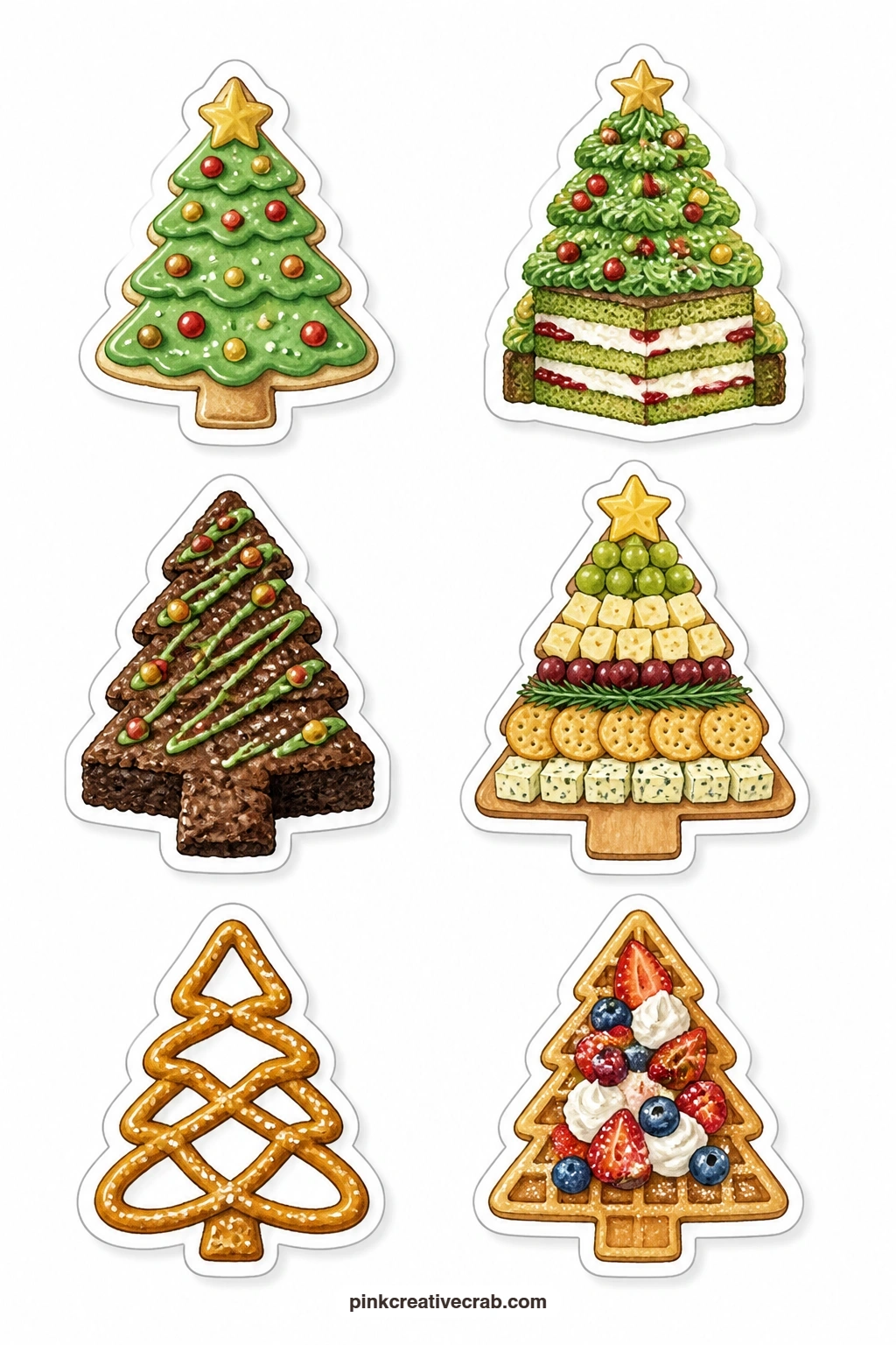 Tree Shaped Treat Stickers printable page — Food shaped like Christmas trees gets its own sheet: a tree cookie, a tree cake, a tree brownie, a tree cheese