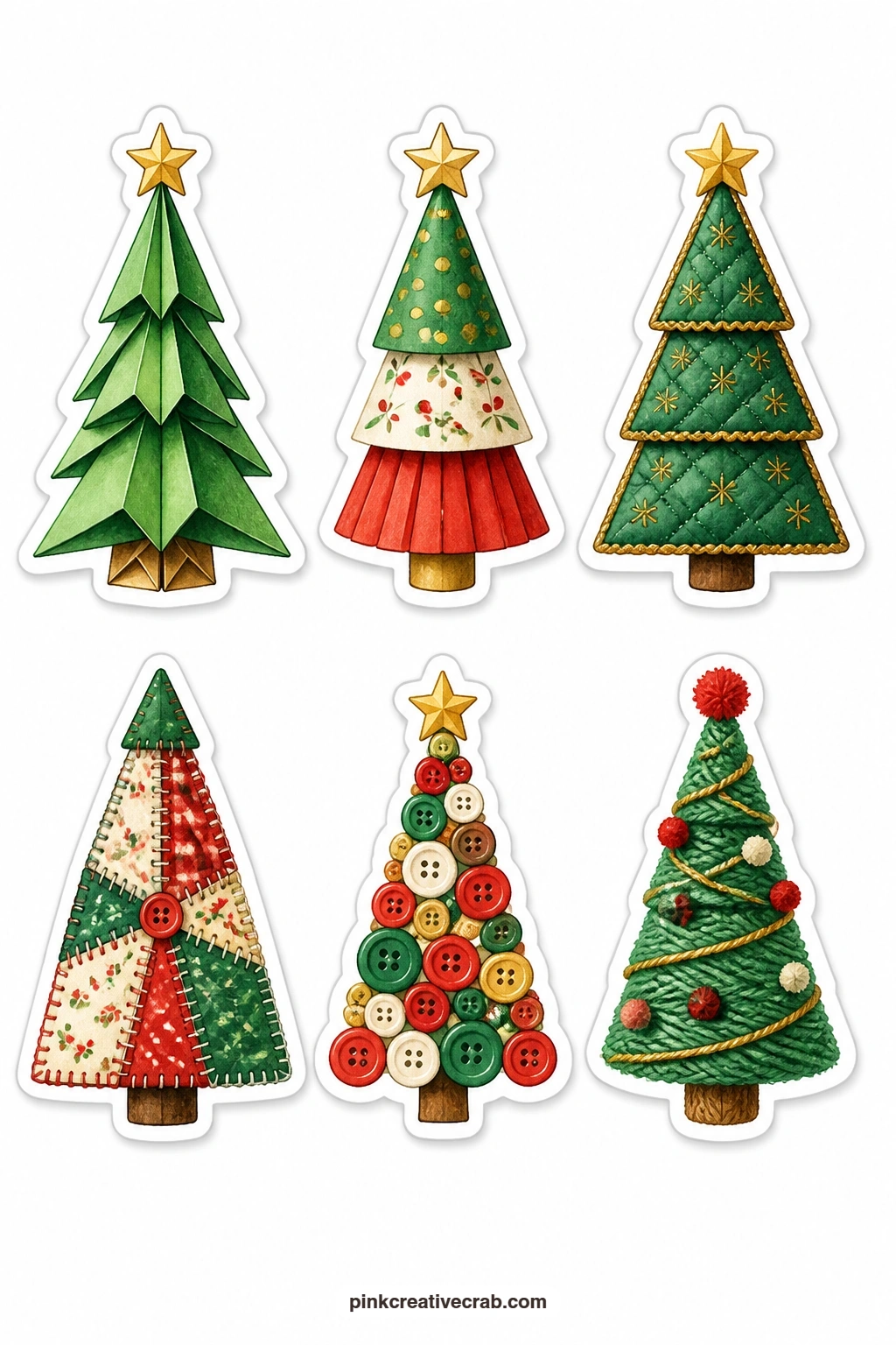 Paper And Felt Tree Stickers printable page — Handmade-style trees fill this sheet: an origami tree folded from paper, a paper cone tree, a quilted tree, a