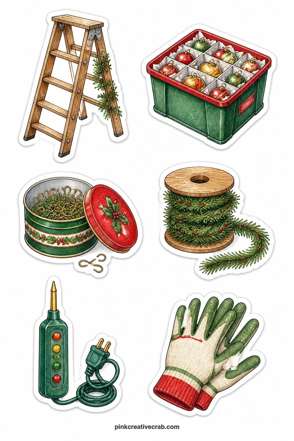 Tree Decorating Tool Stickers printable page — Six small tools round out the set: a ladder, an ornament box, a hook tin, a garland spool, a light tester and a